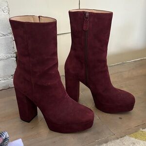 Stuart Weitzman Burgundy Suede Platform Block Heel Ankle Boots size 9
